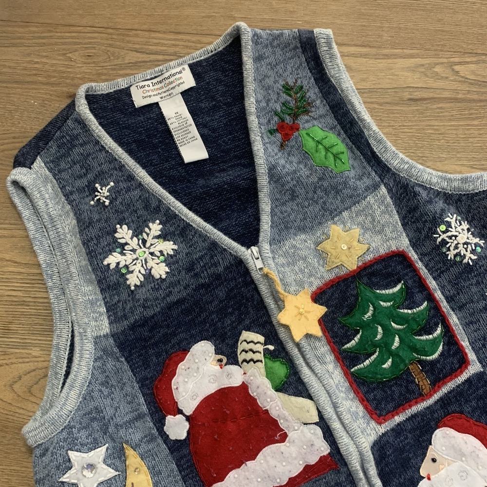 VTG Tiara International Blue Christmas Sweater Vest Zip Santa Women's 1X
